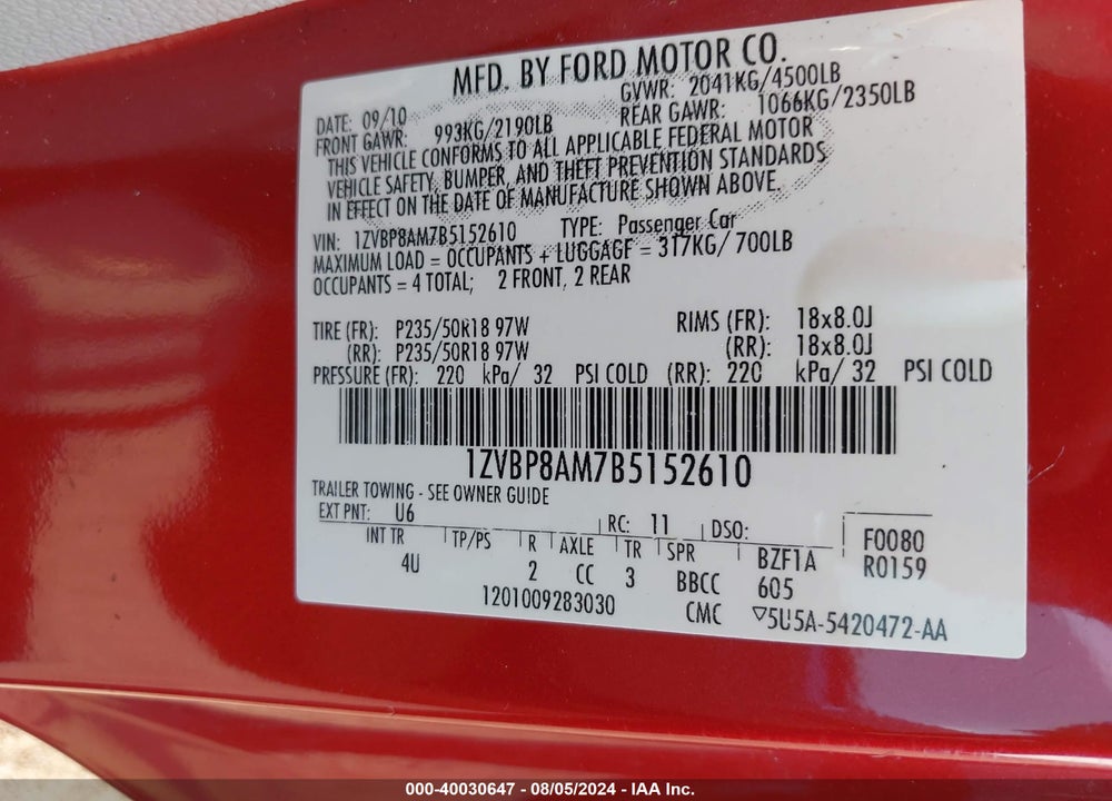 2011 FORD MUSTANG VIN: 1ZVBP8AM7B5152610