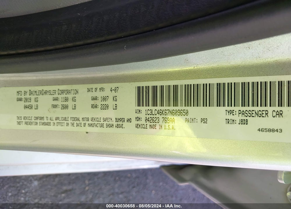 2007 CHRYSLER SEBRING VIN: 1C3LC46K67N609650