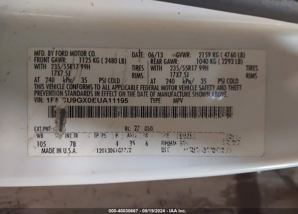 2014 FORD ESCAPE SE VIN: 1FMCU9GX0EUA11195
