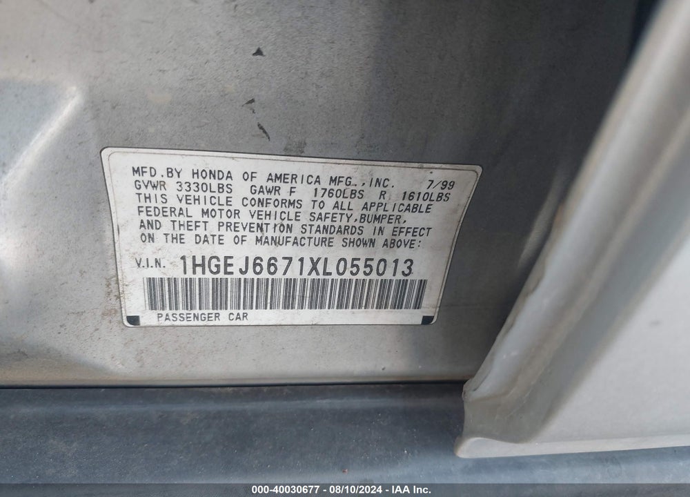 1999 HONDA CIVIC LX VIN: 1HGEJ6671XL055013