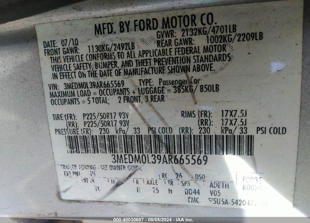 2010 MERCURY MILAN HYBRID VIN: 3MEDM0L39AR665569