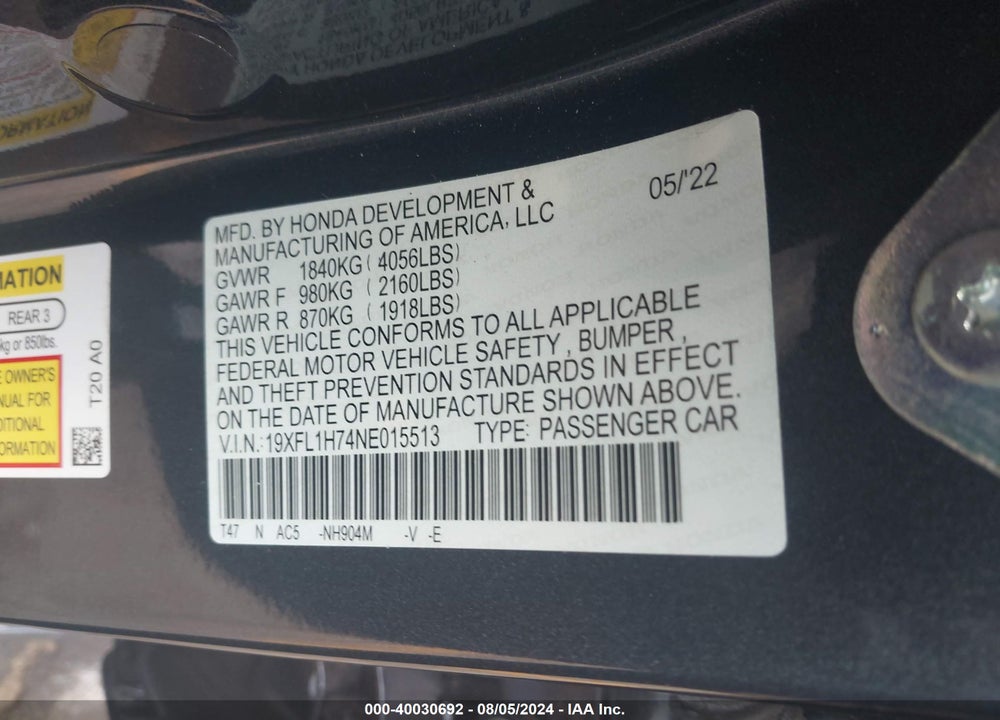 2022 HONDA CIVIC EX-L VIN: 19XFL1H74NE015513