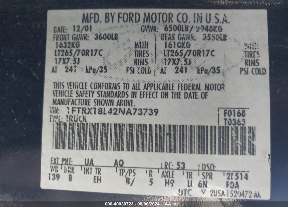 2002 FORD F-150 LARIAT/XL/XLT VIN: 1FTRX18L42NA73739
