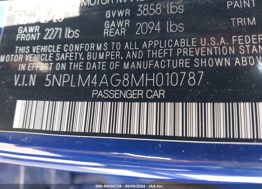 2021 HYUNDAI ELANTRA SEL VIN: 5NPLM4AG8MH010787
