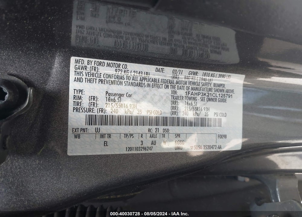 2012 FORD FOCUS SE VIN: 1FAHP3K21CL125791