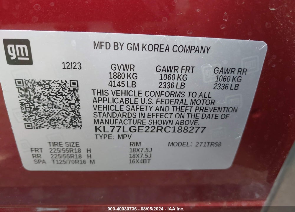 2024 CHEVROLET TRAX FWD 1RS VIN: KL77LGE22RC188277