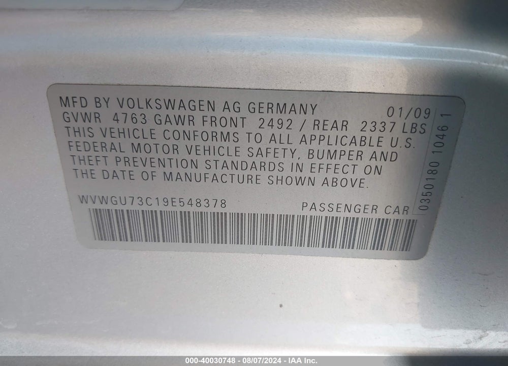 2009 VOLKSWAGEN CC VIN: WVWGU73C19E548378