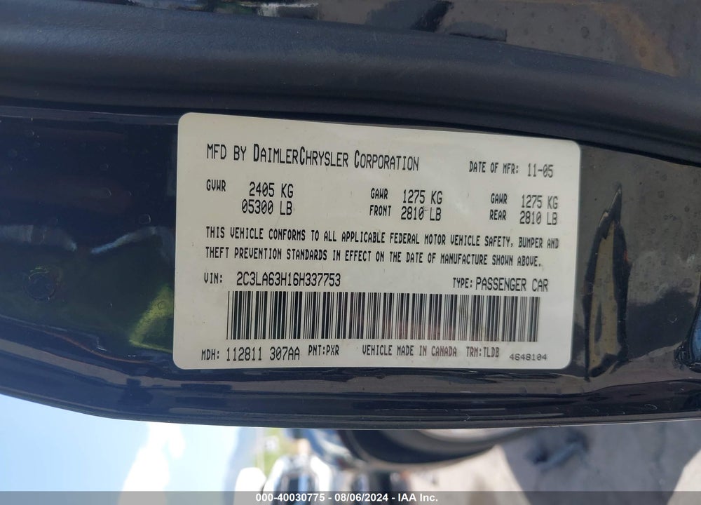 2006 CHRYSLER 300C VIN: 2C3LA63H16H337753