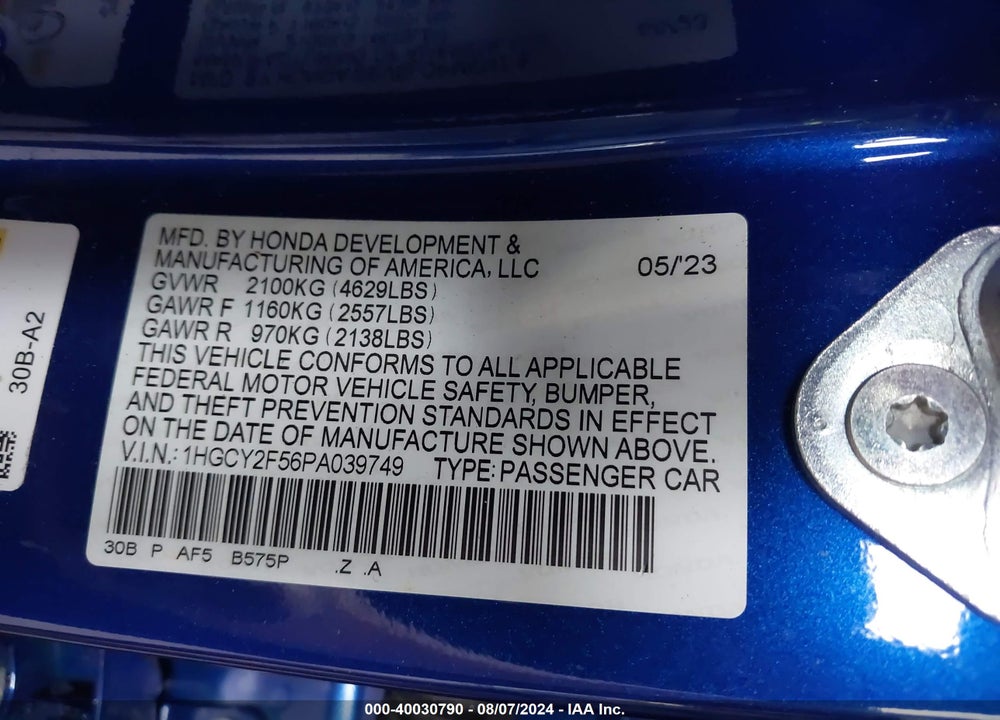 2023 HONDA ACCORD VIN: 1HGCY2F56PA039749