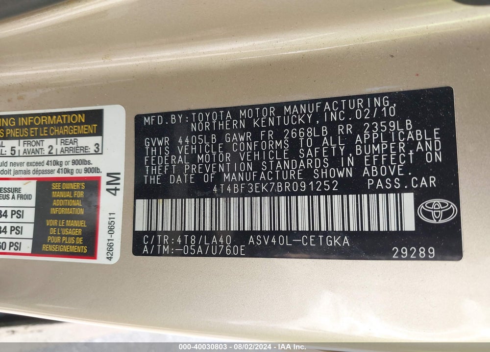 2011 TOYOTA CAMRY XLE VIN: 4T4BF3EK7BR091252
