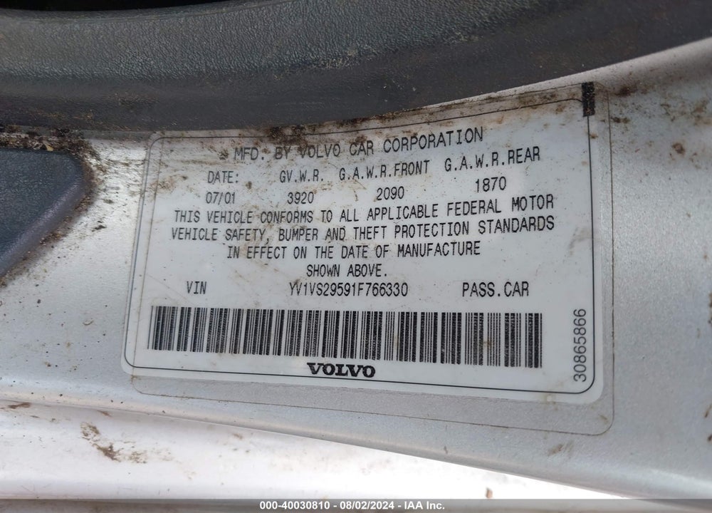 2001 VOLVO S40 A/SPORT EDITION VIN: YV1VS29591F766330