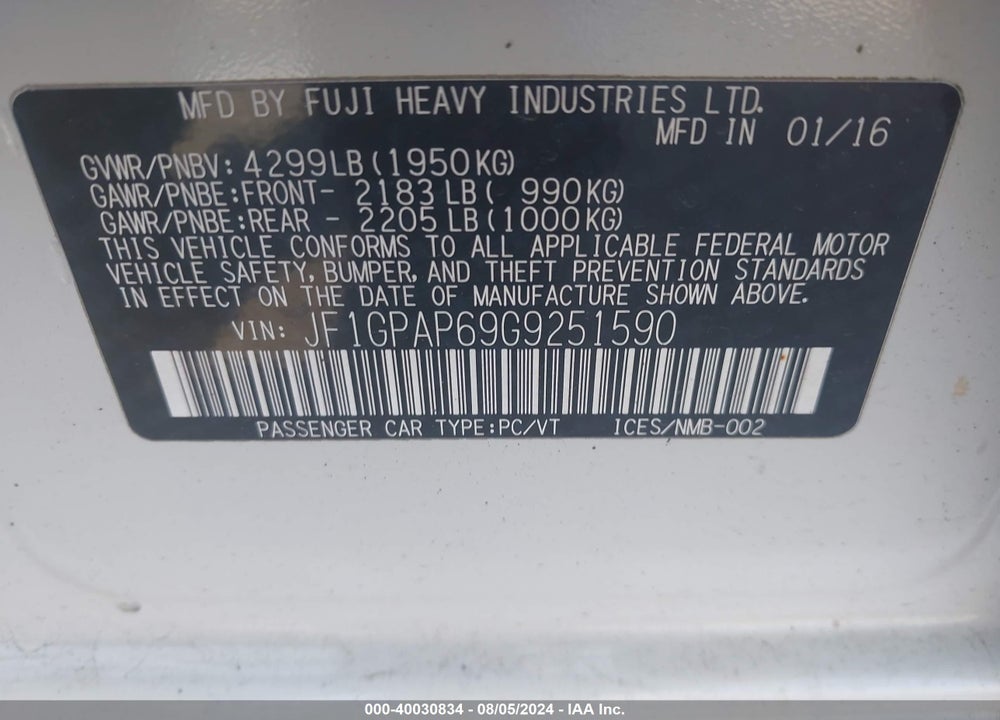 2016 SUBARU IMPREZA 2.0I SPORT PREMIUM VIN: JF1GPAP69G9251590