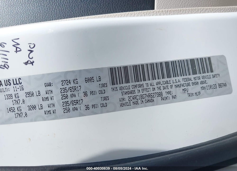 2017 CHRYSLER PACIFICA VIN: 2C4RC1BG7HR627388