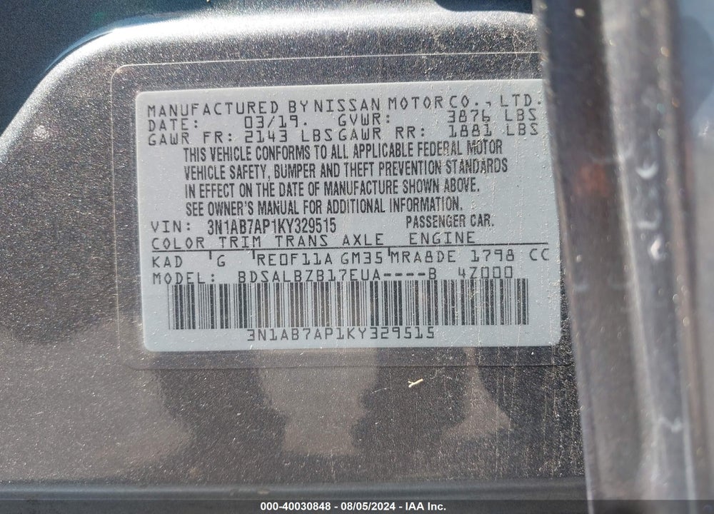 2019 NISSAN SENTRA VIN: 3N1AB7AP1KY329515