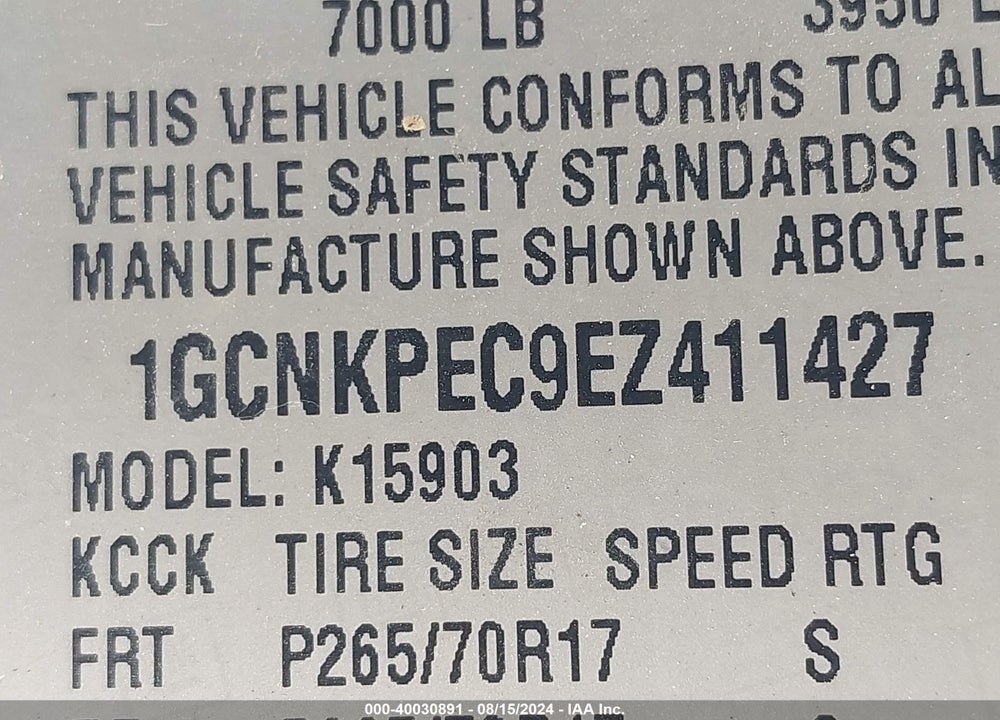 2014 CHEVROLET SILVERADO 1500 WORK TRUCK 1WT VIN: 1GCNKPEC9EZ411427