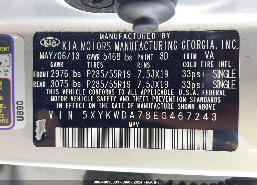 2014 KIA SORENTO VIN: 5XYKWDA78EG467243