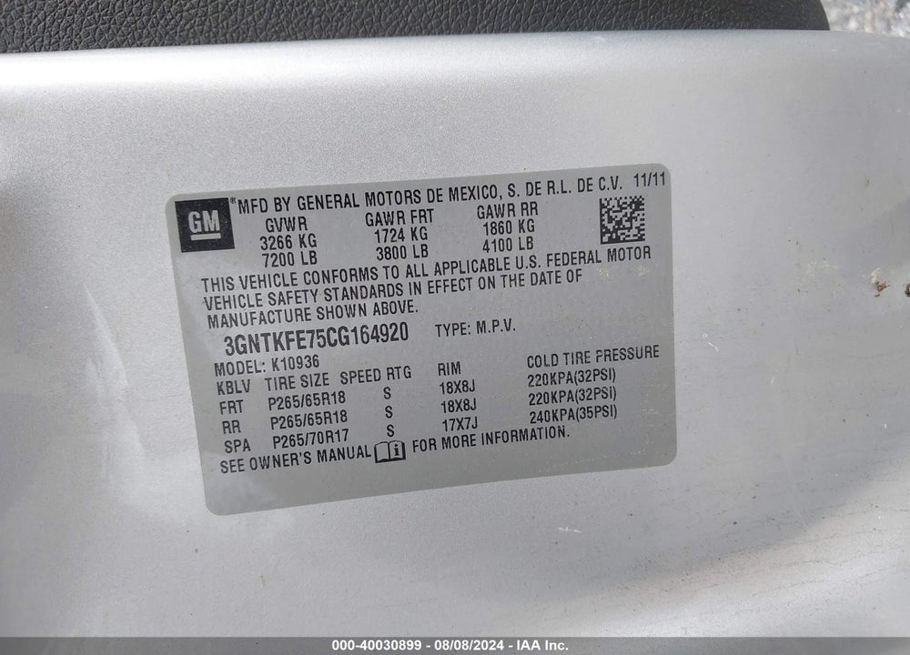2012 CHEVROLET AVALANCHE 1500 LT1 VIN: 3GNTKFE75CG164920
