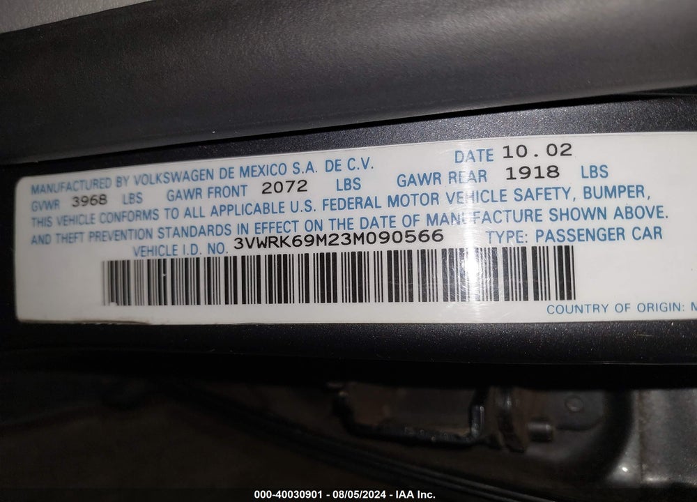 2003 VOLKSWAGEN JETTA GL VIN: 3VWRK69M23M090566