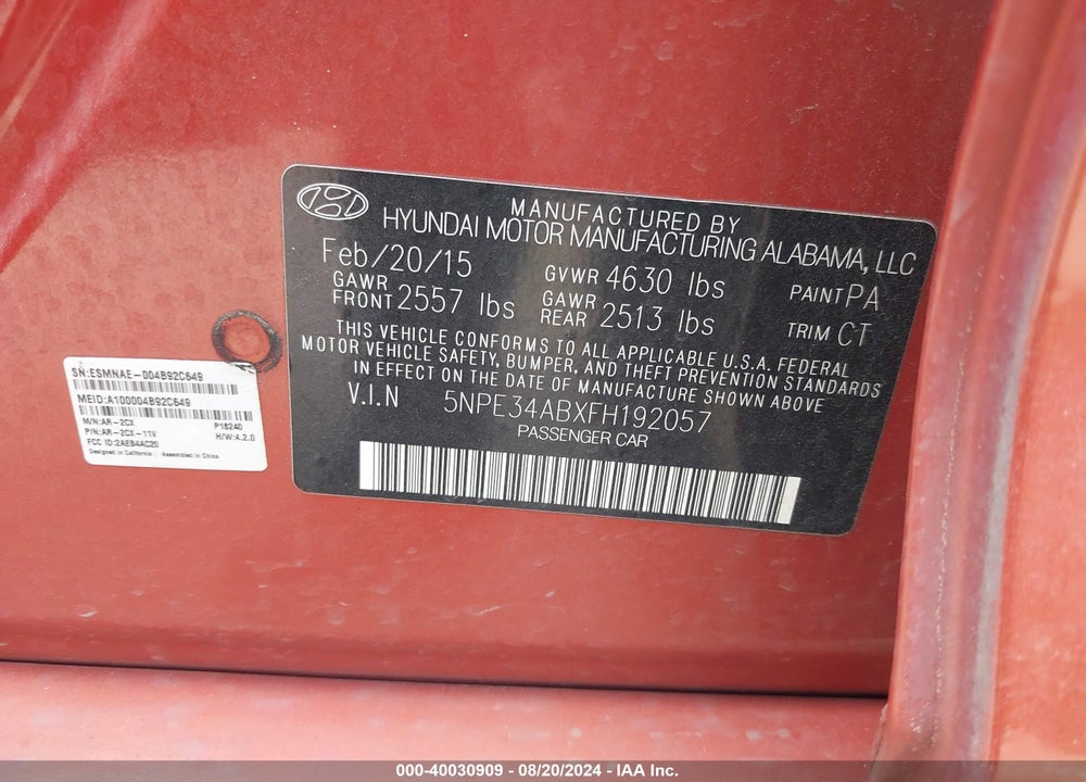 2015 HYUNDAI SONATA LIMITED 2.0T VIN: 5NPE34ABXFH192057