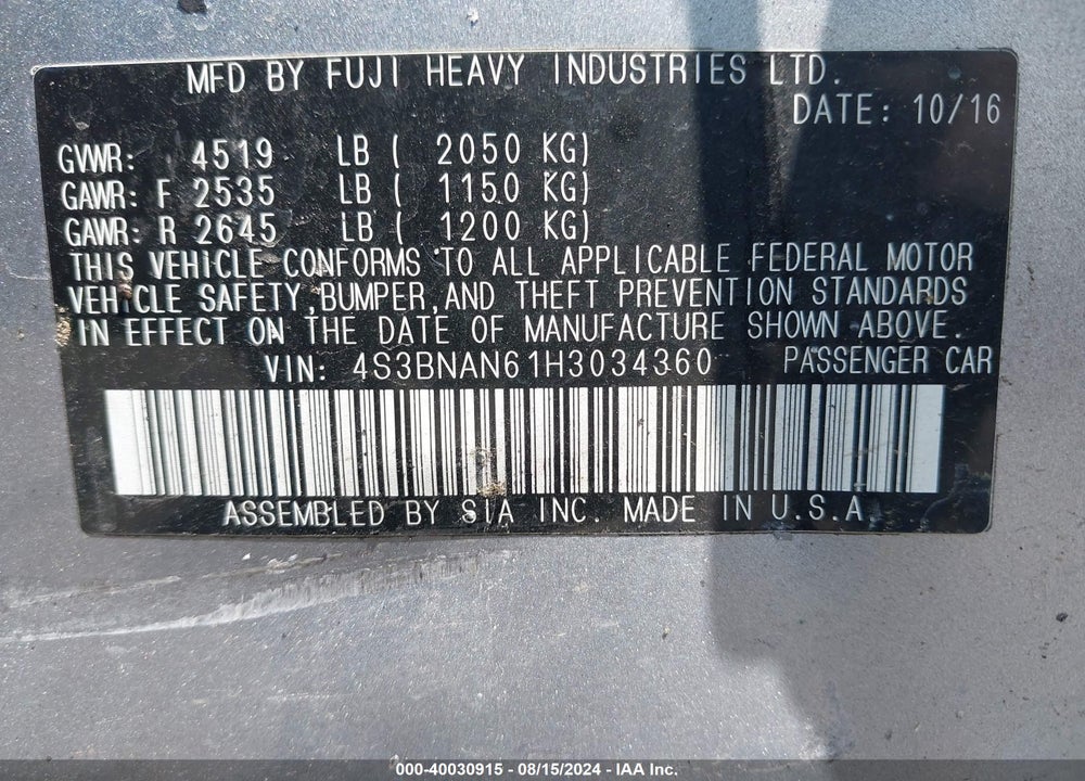 2017 SUBARU LEGACY 2.5I LIMITED VIN: 4S3BNAN61H3034360