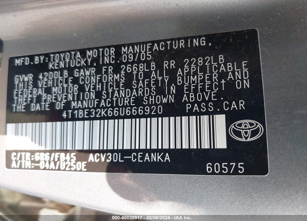 2006 TOYOTA CAMRY LE VIN: 4T1BE32K66U666920