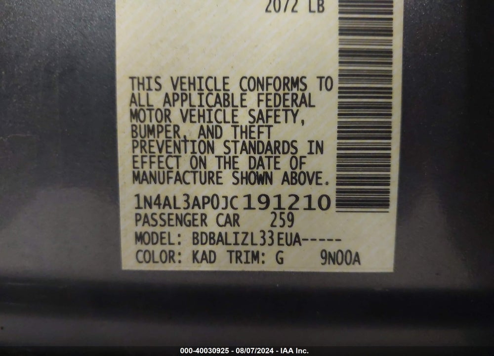 2018 NISSAN ALTIMA 2.5 SV VIN: 1N4AL3AP0JC191210