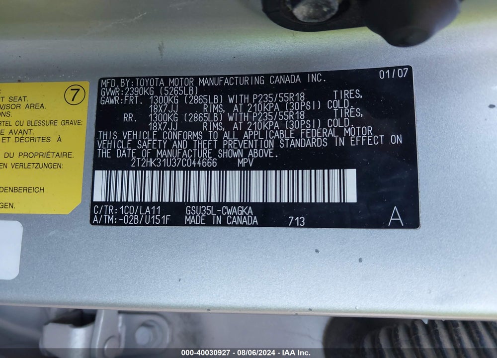 2007 LEXUS RX 350 VIN: 2T2HK31U37C044666