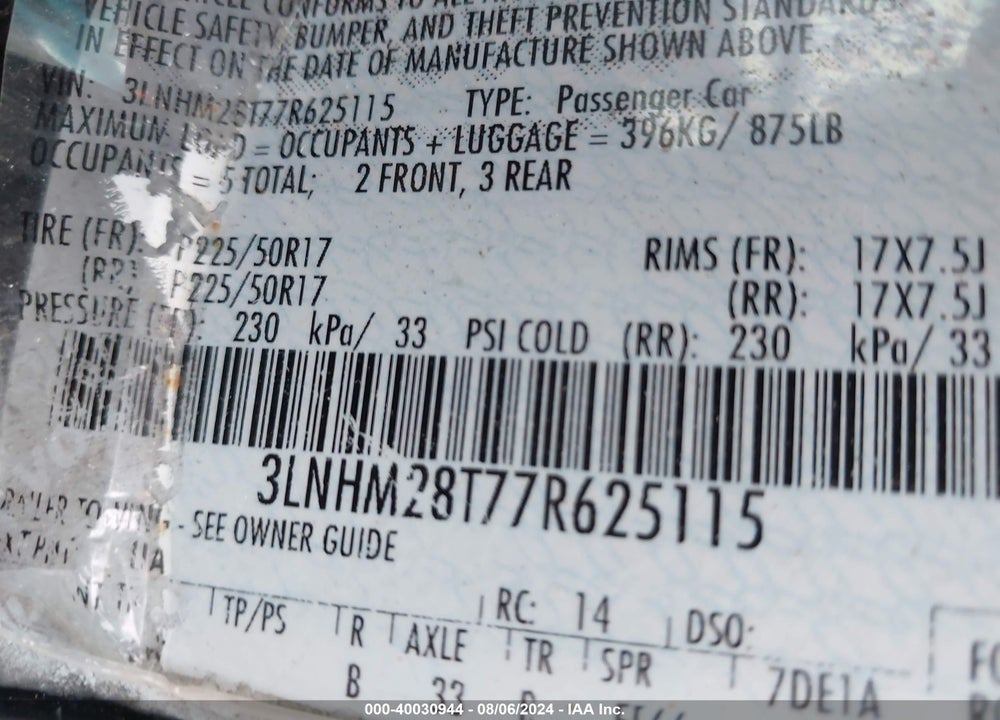 2007 LINCOLN MKZ VIN: 3LNHM28T77R625115
