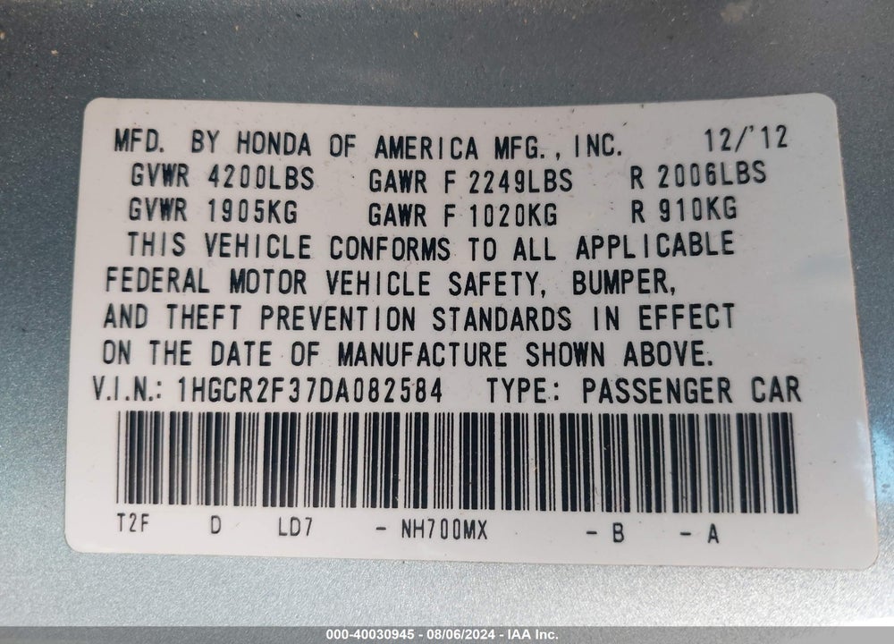 2013 HONDA ACCORD LX VIN: 1HGCR2F37DA082584