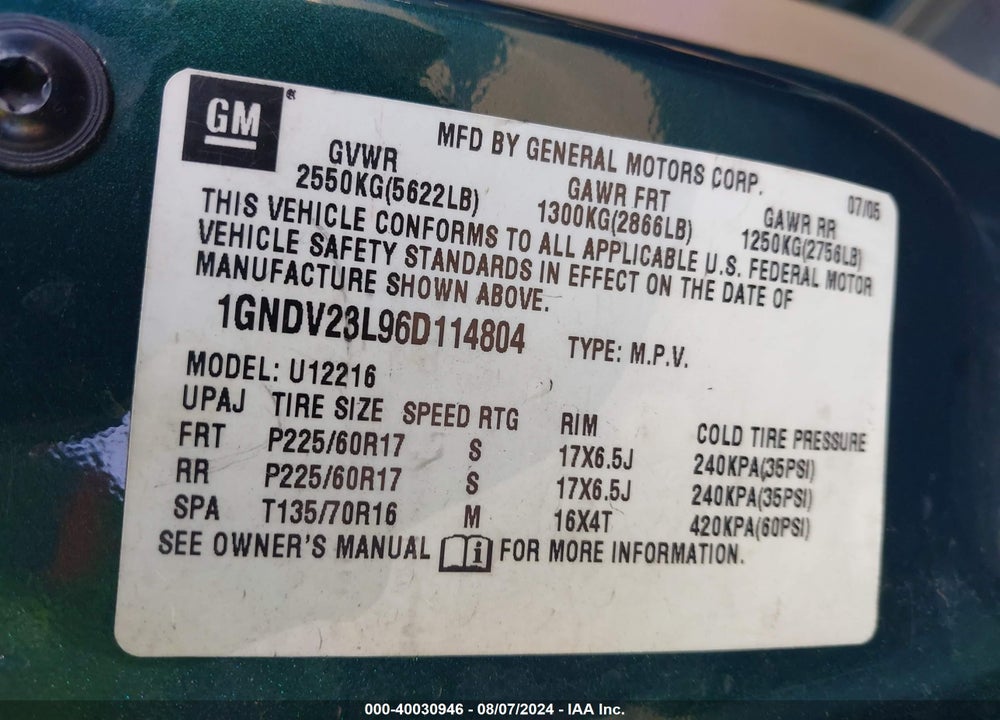 2006 CHEVROLET UPLANDER LS VIN: 1GNDV23L96D114804