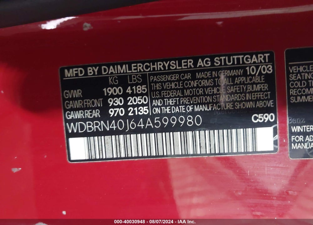 2004 MERCEDES-BENZ C 230 VIN: WDBRN40J64A599980