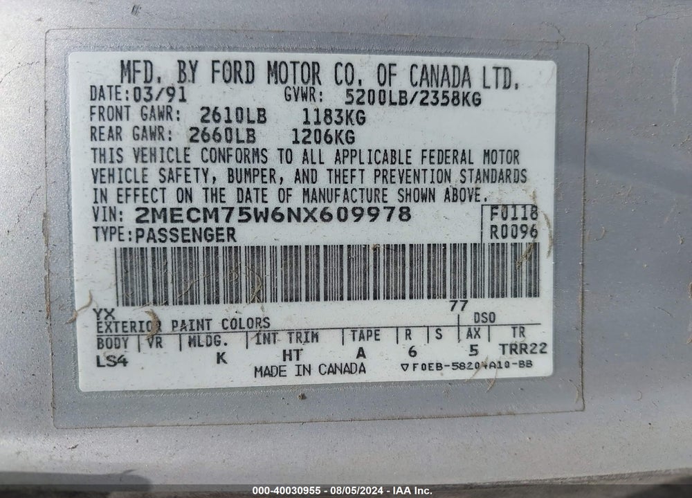1992 MERCURY GRAND MARQUIS LS VIN: 2MECM75W6NX609978