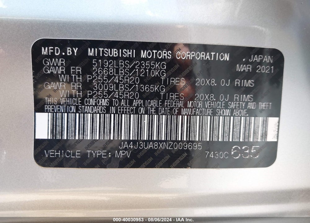 2022 MITSUBISHI OUTLANDER BLACK EDITION 2WD/SE 2.5 2WD/SE LAUNCH EDITION 2WD VIN: JA4J3UA8XNZ009695