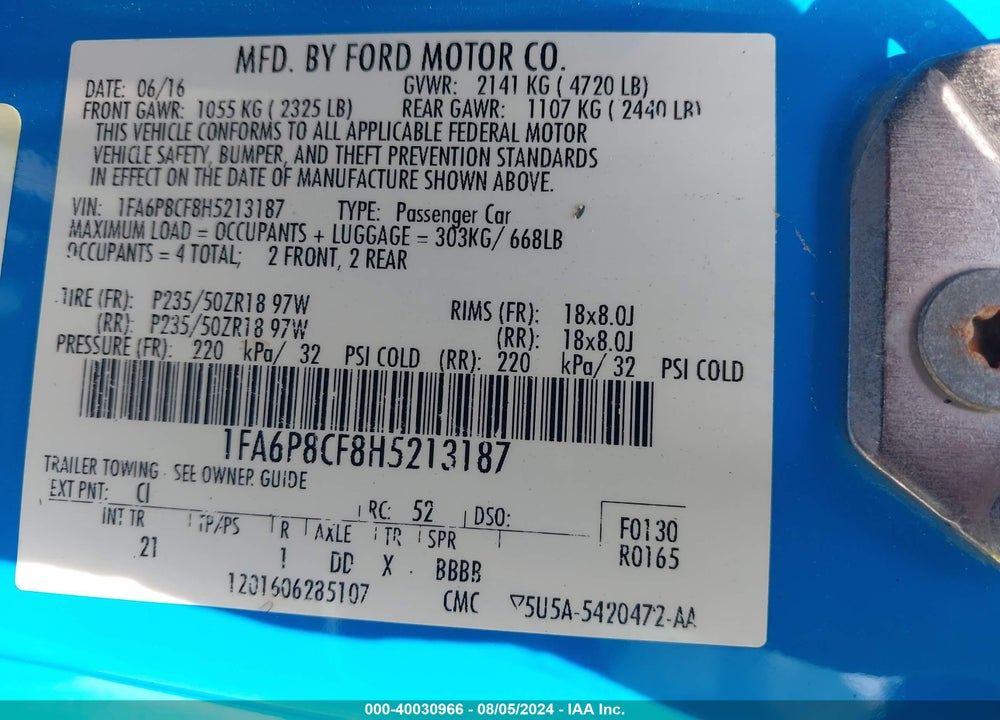 2017 FORD MUSTANG GT VIN: 1FA6P8CF8H5213187
