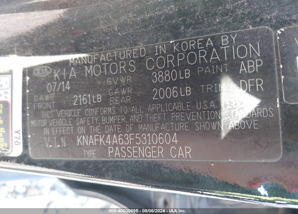 2015 KIA FORTE LX VIN: KNAFK4A63F5310604