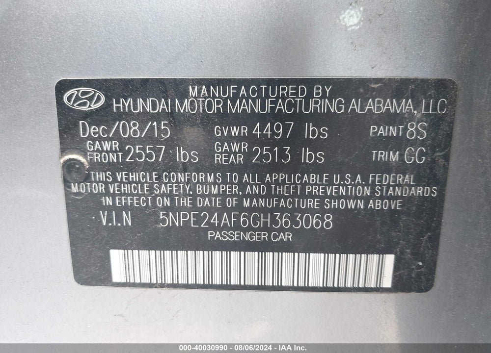 2016 HYUNDAI SONATA SE VIN: 5NPE24AF6GH363068