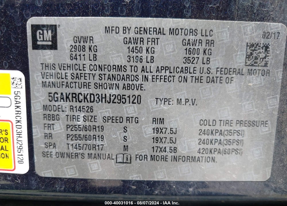 2017 BUICK ENCLAVE PREMIUM VIN: 5GAKRCKD3HJ295120