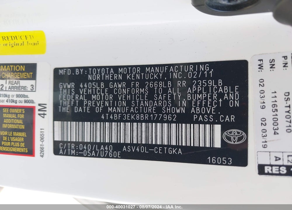 2011 TOYOTA CAMRY XLE VIN: 4T4BF3EK8BR177962
