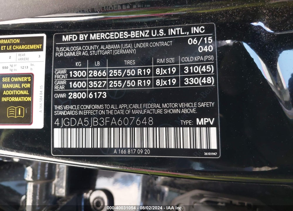 2015 MERCEDES-BENZ ML 350 VIN: 4JGDA5JB3FA607648