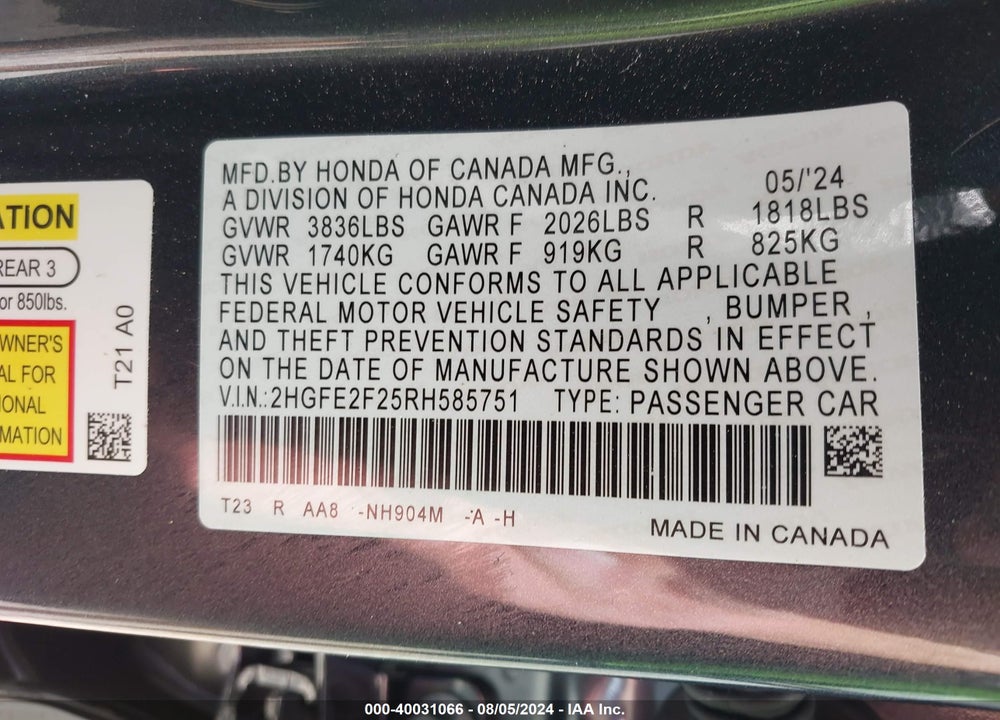 2024 HONDA CIVIC VIN: 2HGFE2F25RH585751