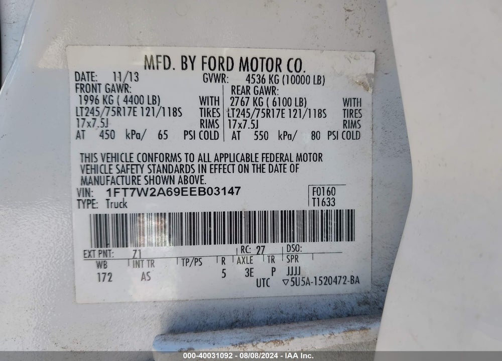 2014 FORD F-250 XL VIN: 1FT7W2A69EEB03147