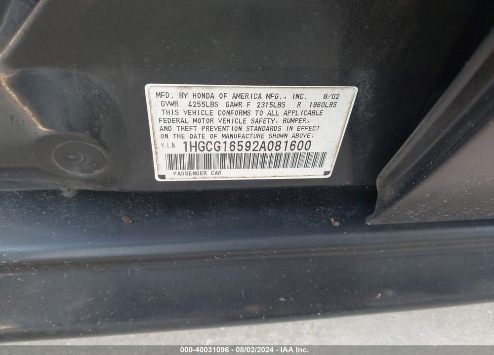 2002 HONDA ACCORD 3.0 EX VIN: 1HGCG16592A081600