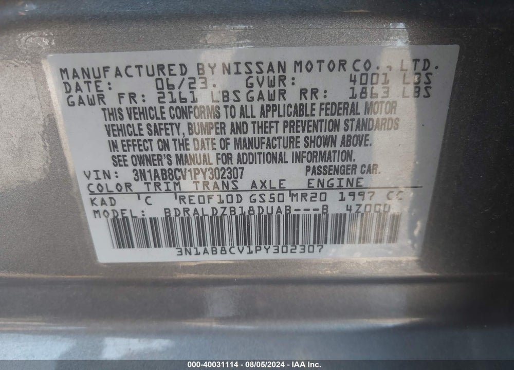 2023 NISSAN SENTRA SV XTRONIC CVT VIN: 3N1AB8CV1PY302307