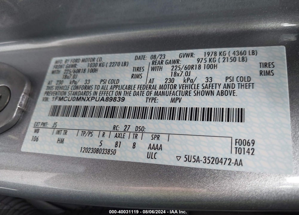 2023 FORD ESCAPE ST LINE VIN: 1FMCU0MNXPUA89839