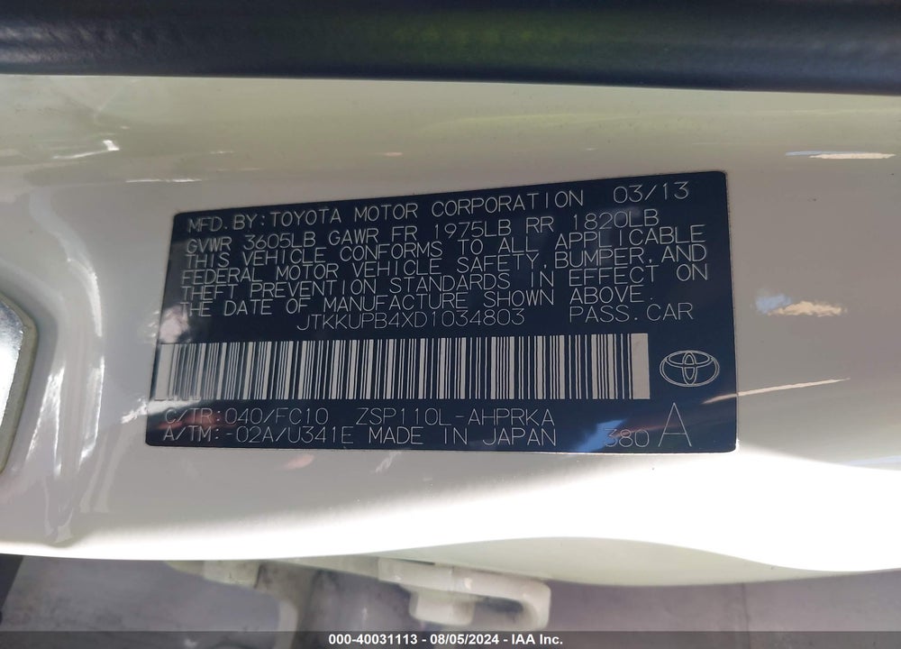2013 SCION XD VIN: JTKKUPB4XD1034803
