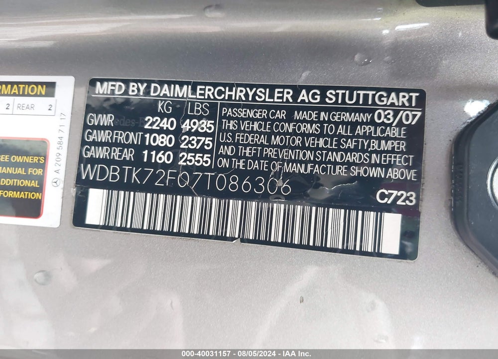 2007 MERCEDES-BENZ CLK 550 VIN: WDBTK72F07T086306