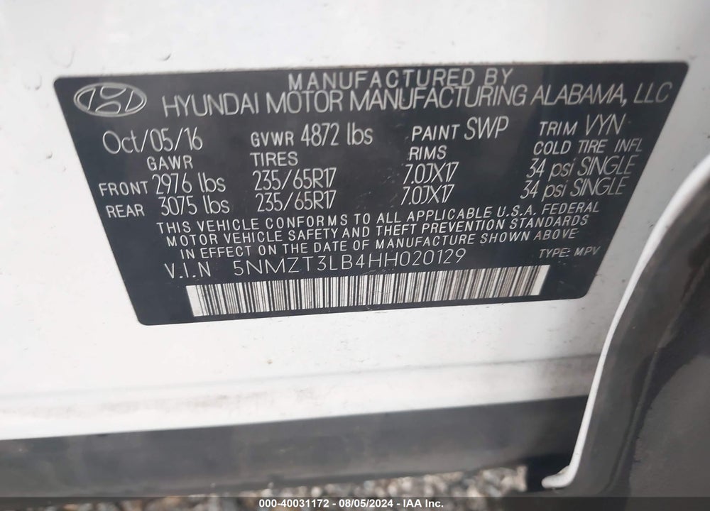 2017 HYUNDAI SANTA FE SPORT 2.4L VIN: 5NMZT3LB4HH020129