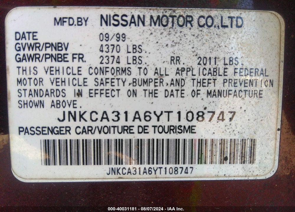2000 INFINITI I30 LUXURY/TOURING VIN: JNKCA31A6YT108747