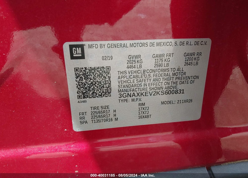 2019 CHEVROLET EQUINOX LT VIN: 3GNAXKEV2KS600831