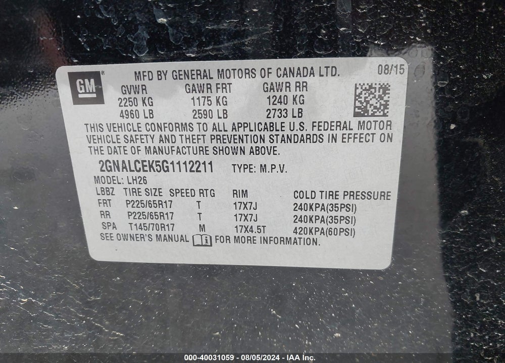 2016 CHEVROLET EQUINOX LT VIN: 2GNALCEK5G1112211